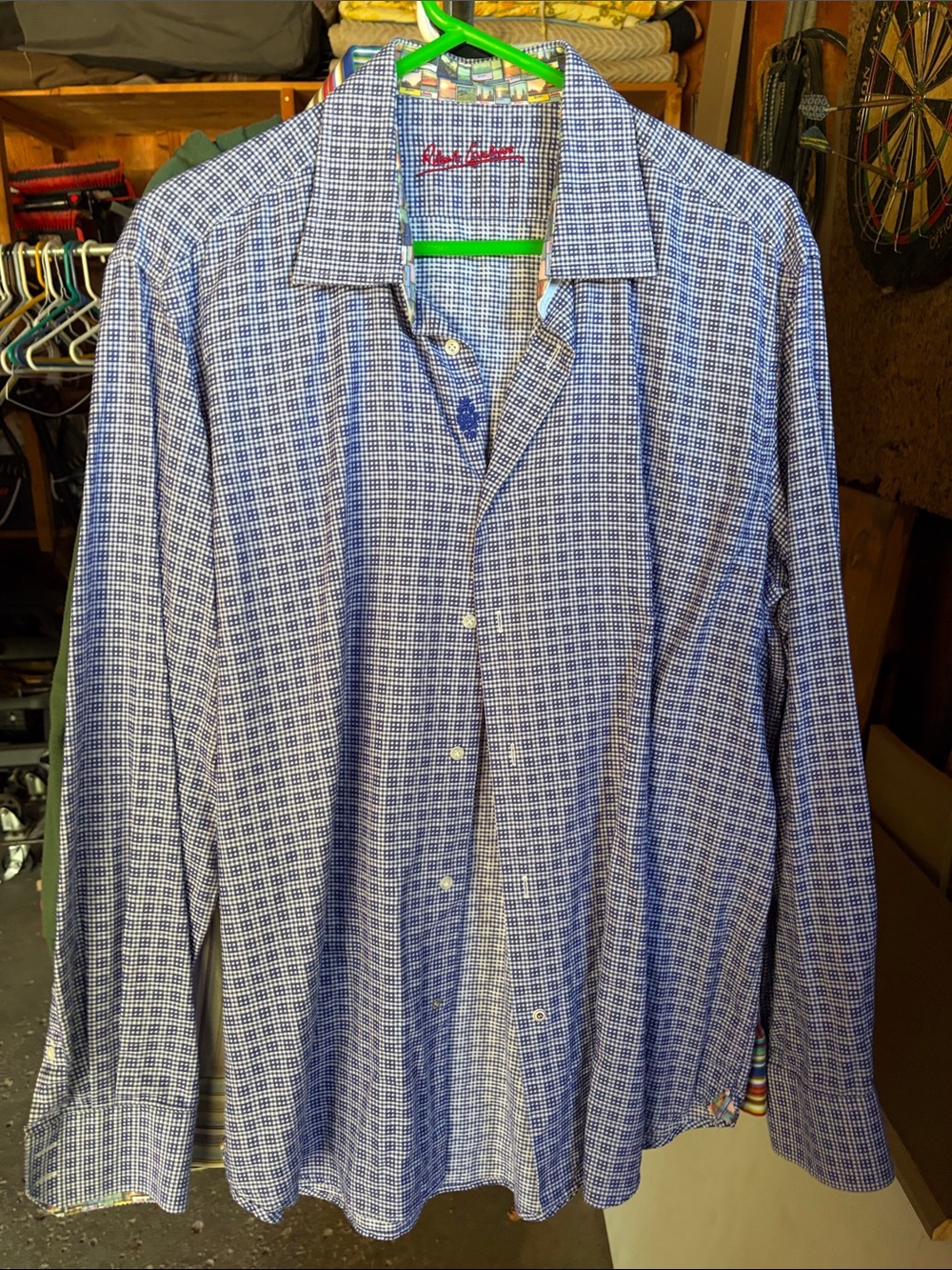 Robert Graham Blue and White Micro-Check Dress Shirt with Spread Collar